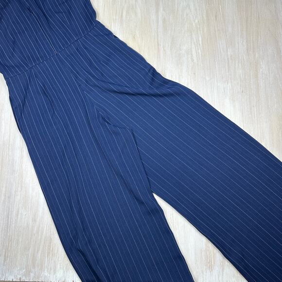 Julia Jordan Navy Pinstripe Twist Halter Business Casual Wide Leg Jumpsuit 12 - Picture 14 of 16